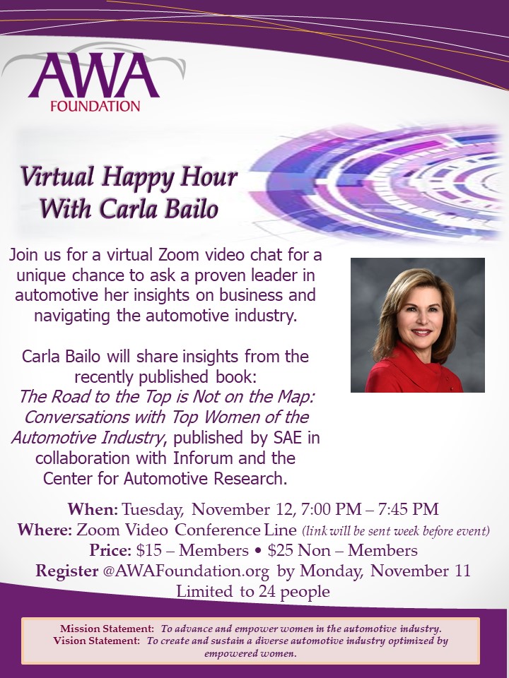 Virtual Happy Hour with Carla Bailo on Tuesday, November 12.